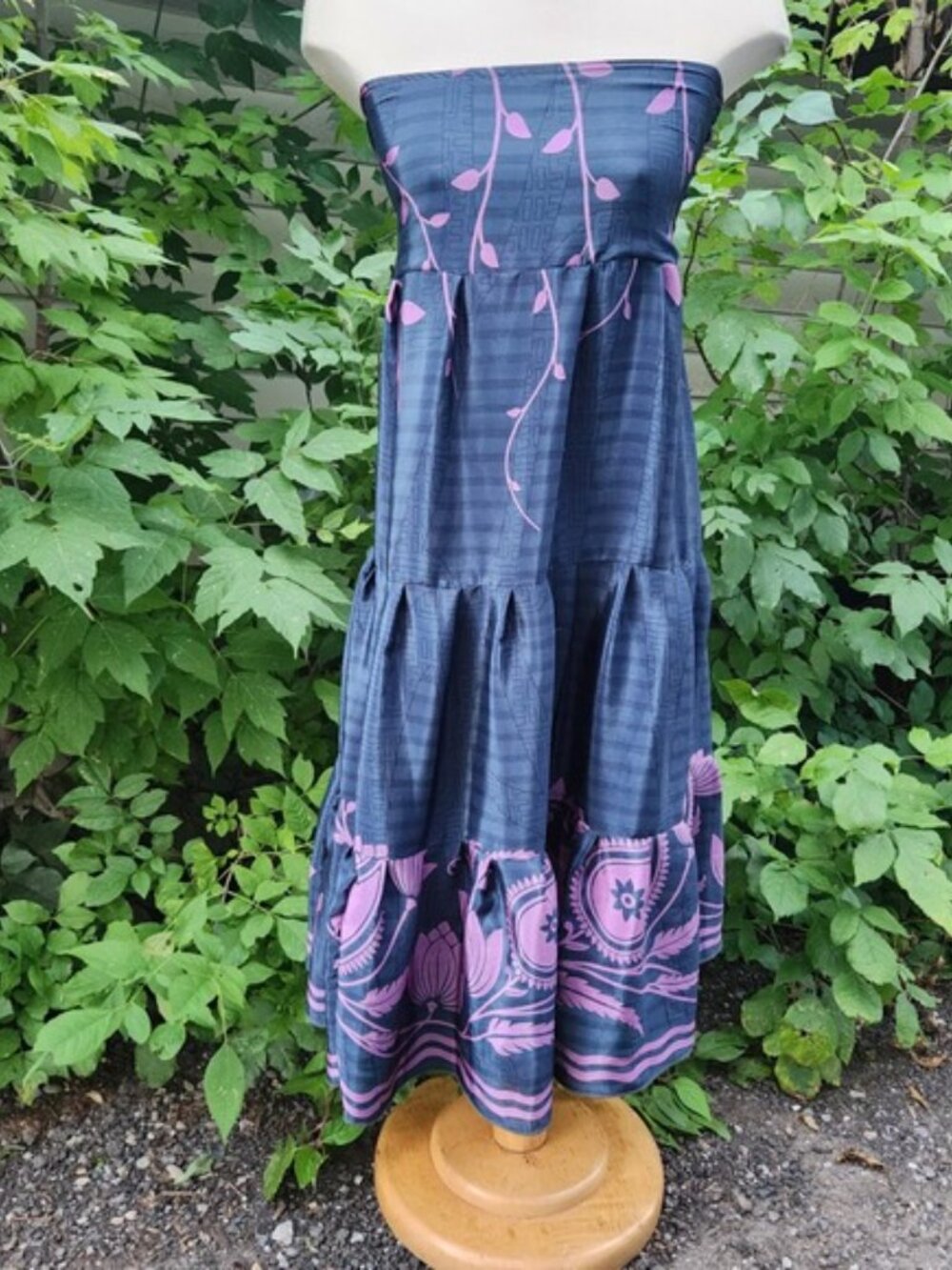 Boho Silk Tigerlily Strapless Dress Tiered Navy Pink Floral Print Smocking